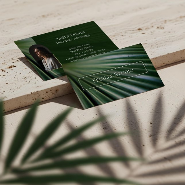 Chic Moody Elegant Palm Leaf Luxury Feminine Photo Business Card (Chic Moody Elegant Palm Leaf Luxury Feminine Photo Business Card)
