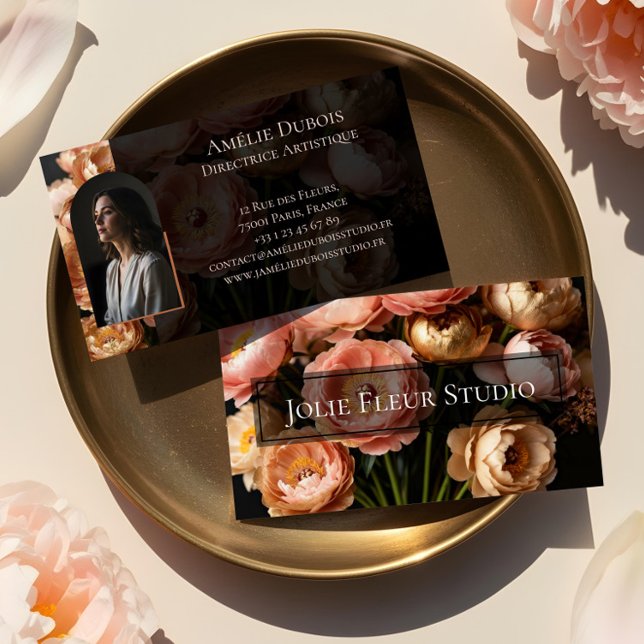 Chic Moody Elegant Peony Luxury Feminine Photo Business Card (Chic Moody Elegant Peony Luxury Feminine Photo Business Card)