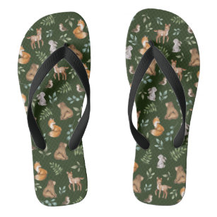 Chic Moody Green Woodland Forest Animals Bear Deer Thongs