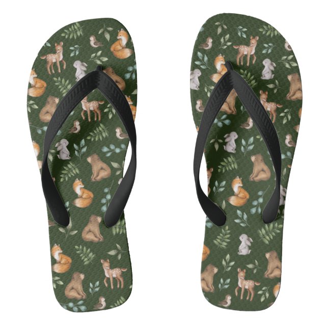 Chic Moody Green Woodland Forest Animals Bear Deer Thongs (Footbed)