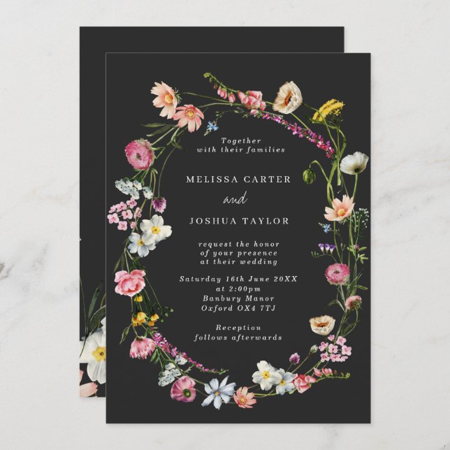 Chic Moody Wild Flowers Wreath Wedding Invitation (Front/Back)
