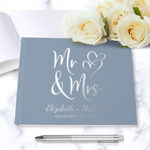 Chic Mr Mrs Photo Dusty Blue Wedding Silver Guest Book