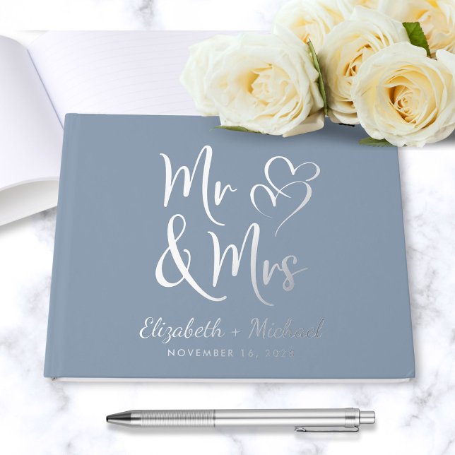 Chic Mr Mrs Photo Dusty Blue Wedding Silver Guest Book (Creator Uploaded)