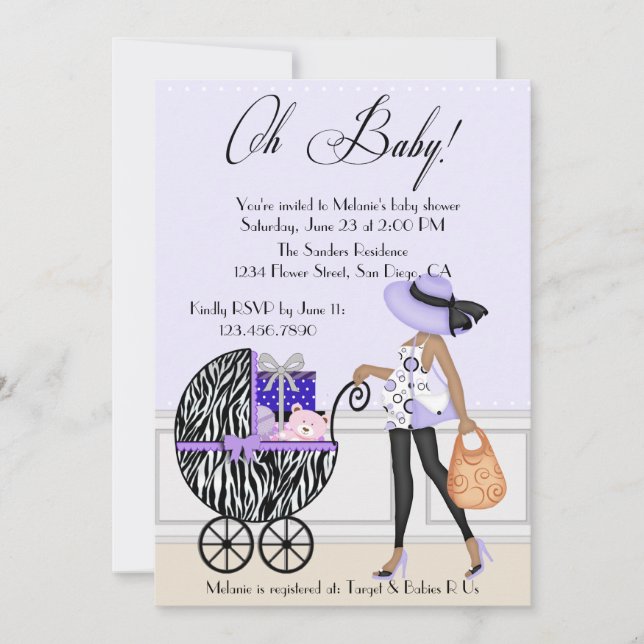 Chic Mum and Buggy with Gifts Invitation (Front)