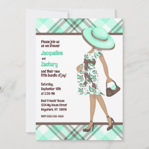 Chic Mum-to-Be (dark skin) Green Plaid Baby Shower Invitation
