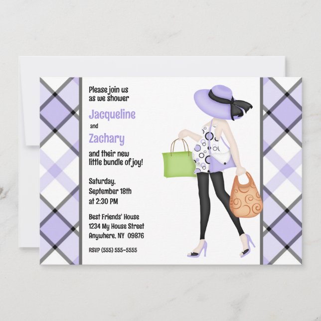 Chic Mum-to-Be Purple Plaid Baby Shower Invitation (Front)