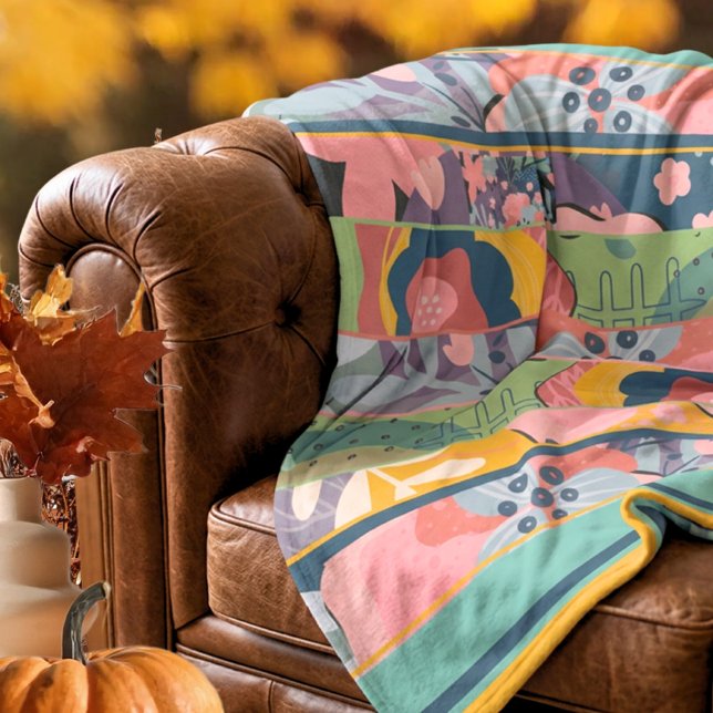 Chic Mustard Teal Fall Floral Patchwork Fleece Blanket (Mustard Teal Fall Floral Patchwork Fleece Blanket – Susanne Sachers - Sunny Mind 🌞)