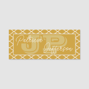 Chic Mustard Yellow Moroccan Quatrefoil: Monogram Name Tag