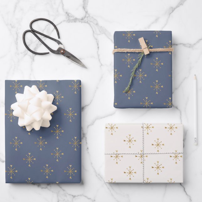 Chic Muted Blue Ivory & Gold Star Wrapping Paper Sheet (Front)