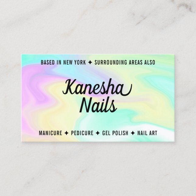 Chic nail salon holographic colourful marble glam business card (Front)