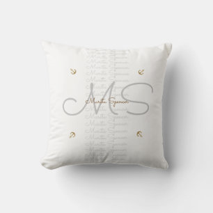 chic name & initials with anchors , monogram white cushion