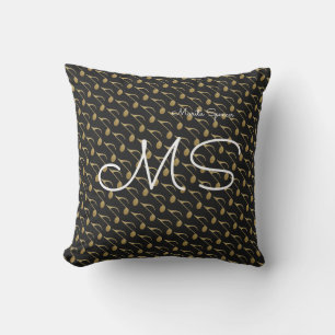 chic name & initials with music notes , black cushion