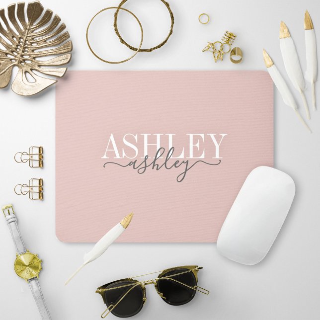 Chic Name Monogram Blush Pink Gray Elegant Mouse Pad (Creator Uploaded)