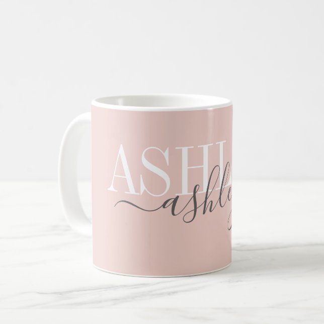 Chic Name Monogram Blush Pink Grey Elegant Coffee Mug (Front Left)