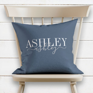 Chic Name Monogram Navy Blue Grey Elegant Cushion
