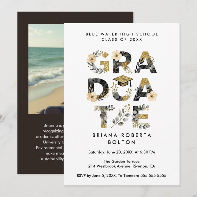 Chic Nature-Inspired Gold Graduate Photo Invitation (Front/Back)