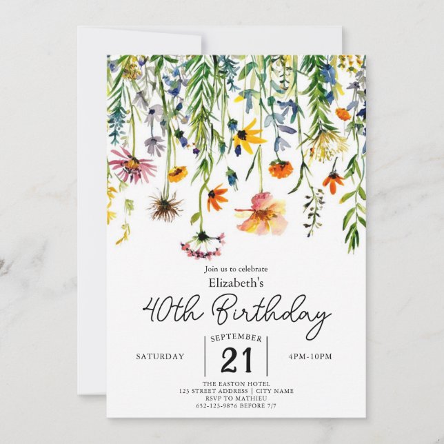 Chic Nature Wildflowers 40th birthday Invitation (Front)