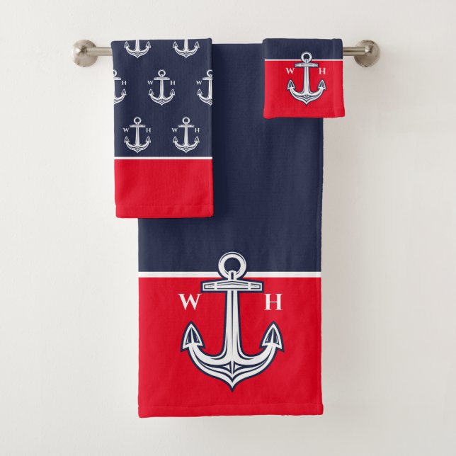 Chic Nautical Anchor Bathroom Red White Navy Blue Bath Towel Set (Insitu)