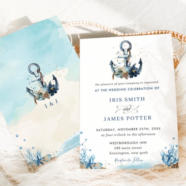 Chic Nautical Anchor Beach Modern Wedding Invitation (Creator Uploaded)