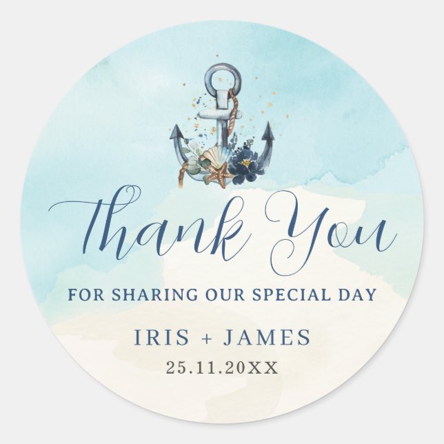 Chic Nautical Anchor Modern Beach Wedding  Classic Round Sticker (Front)