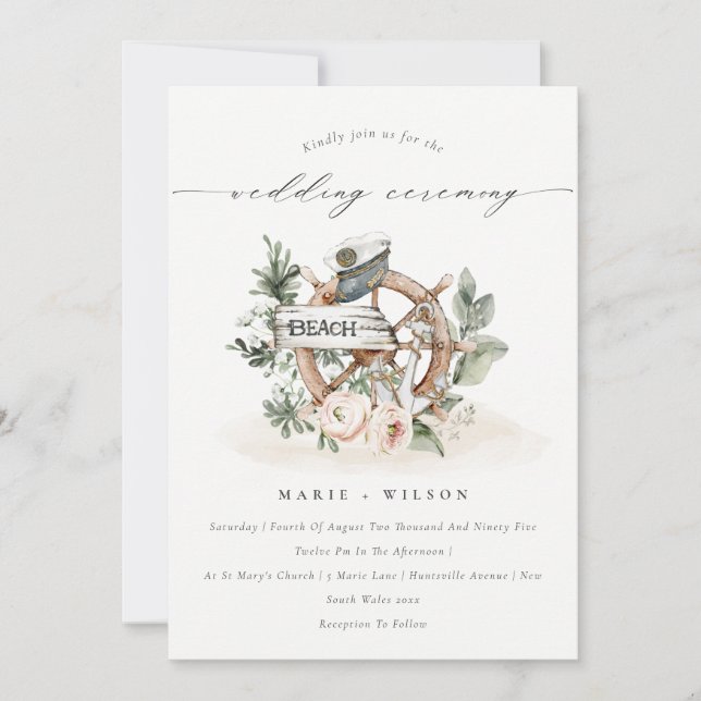 Chic Nautical Anchor Wheel Floral Wedding Invite (Front)