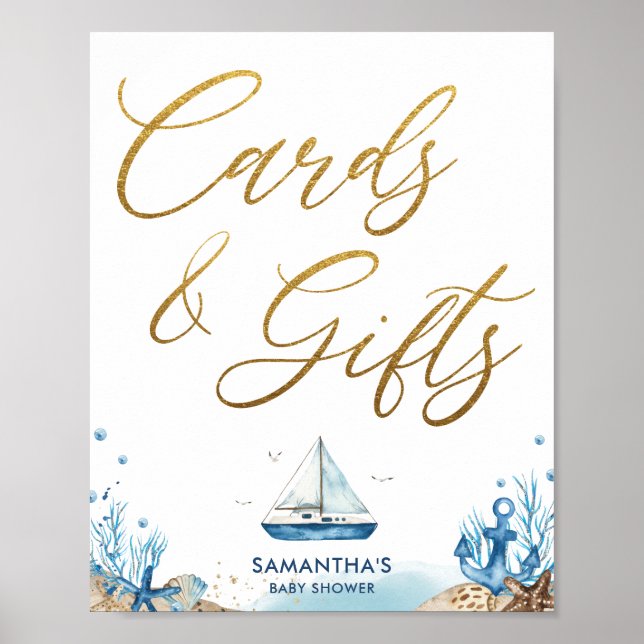 Chic Nautical Baby Shower Blue Gold Cards & Gifts  Poster (Front)