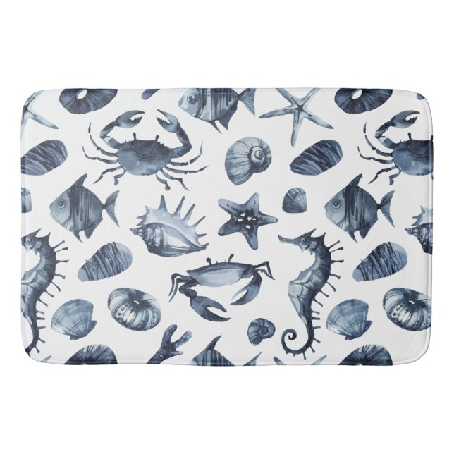Chic Nautical Blue Seashell seahorse starfish crab Bath Mat (Front)