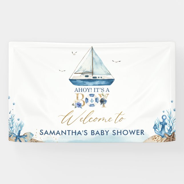 Chic Nautical Boy Baby Shower Welcome Backdrop  Banner (Horizontal)