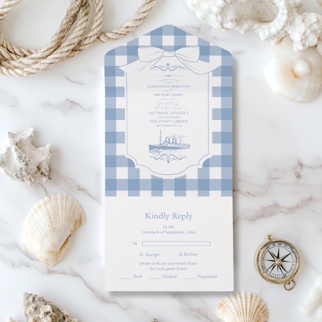 Chic Nautical Coquette Bow Wedding All In One Invitation (Creator Uploaded)