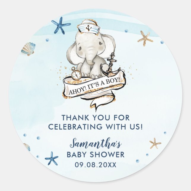 Chic Nautical Cute Elephant Boy Baby Shower Favour Classic Round Sticker (Front)