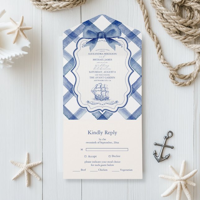 Chic Nautical Navy Blue Bow Wedding All In One Invitation (Creator Uploaded)