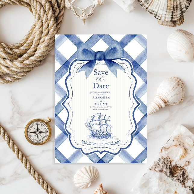 Chic Nautical Navy Blue Bow Wedding Save The Date (Creator Uploaded)