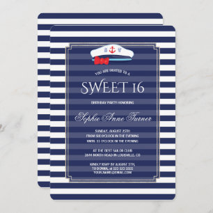 Chic Nautical Navy Stripes Silver Sweet 16 Party Invitation
