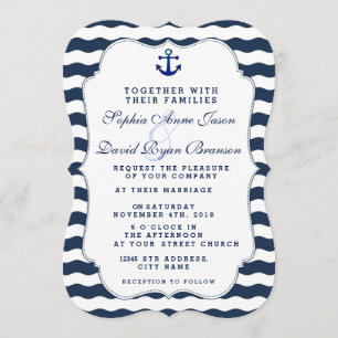 Chic Nautical Navy Waves Anchor Wedding Invite