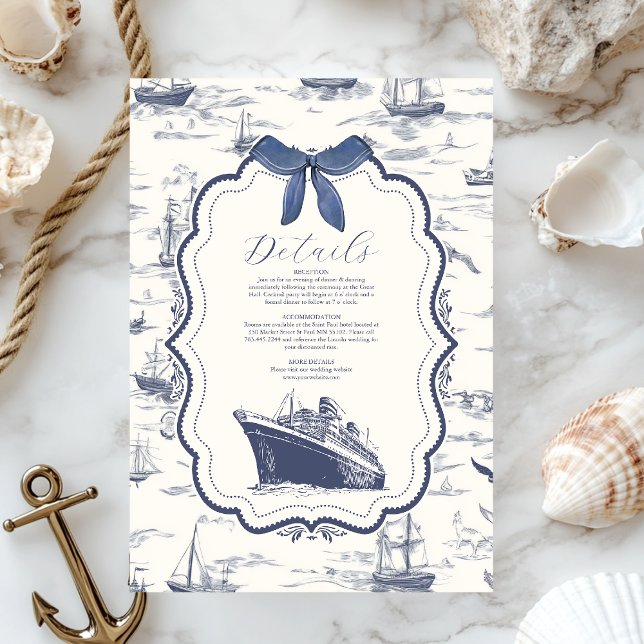 Chic Nautical Toile de Jouy Bow Wedding Enclosure Card (Creator Uploaded)