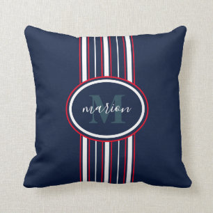 Chic Nautical White&Navy Blue&Red Monogrammed Cushion