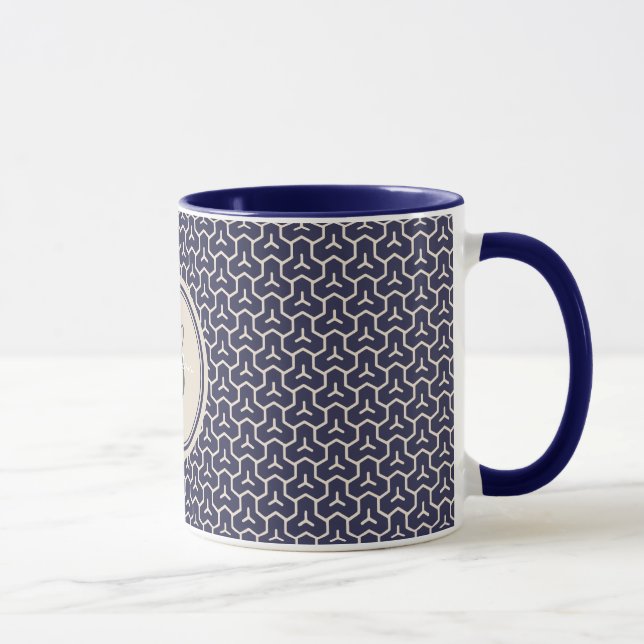 Chic navy abstract geometric pattern monogram mug (Right)