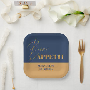 Chic Navy and Gold Bon Appétit Script Birthday Paper Plate