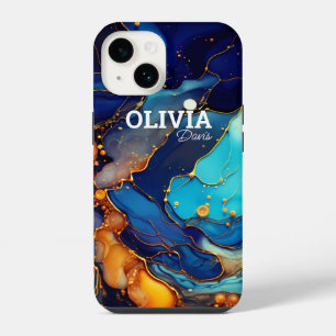 Chic navy aqua orange marble faux glitter monogram iPhone 14 case
