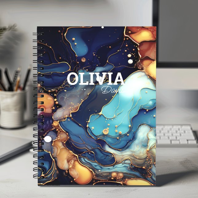 Chic navy aqua orange marble faux glitter monogram notebook (Creator Uploaded)