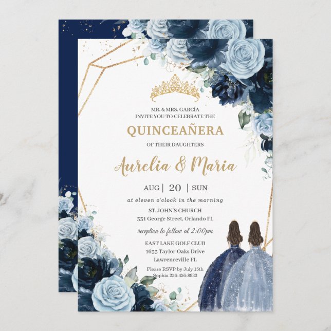 Chic Navy Baby Blue Floral Girls Twins Quinceañera Invitation (Front/Back)