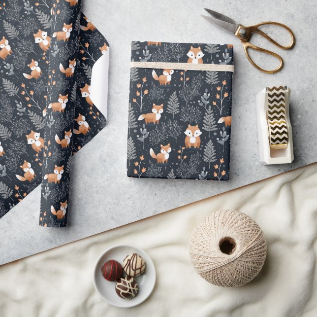 Chic navy blue and orange woodland animals fox wrapping paper (Crafts)