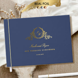Chic Navy Blue and Real Foil Monogrammed Wedding Guest Book