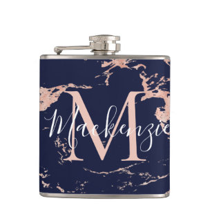 Chic Navy Blue and Rose Gold Foil Marble Monogram Hip Flask