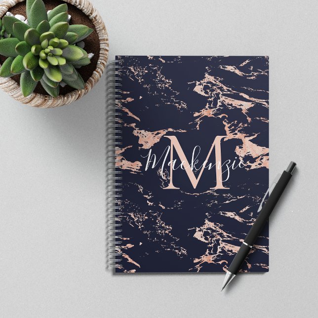Chic Navy Blue and Rose Gold Foil Marble Monogram Notebook (Creator Uploaded)