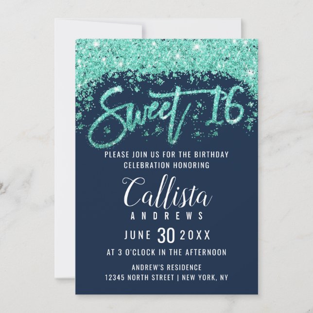 Chic Navy Blue and Turquoise Glitter Dust Sweet 16 Invitation (Front)