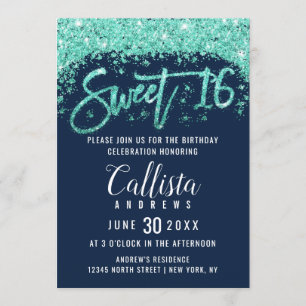 Chic Navy Blue and Turquoise Glitter Dust Sweet 16 Invitation