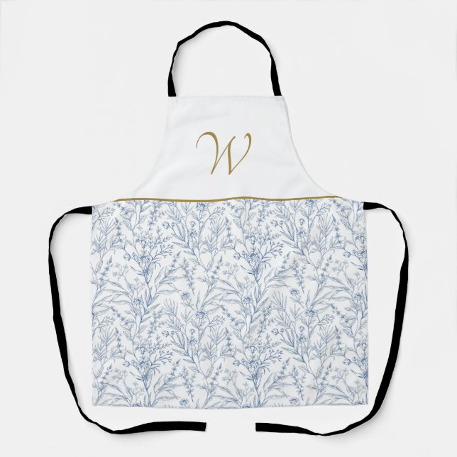 Chic Navy Blue and White Botanical Monogram Apron (Front)