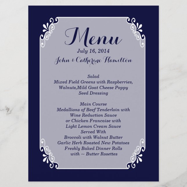 Chic Navy Blue and White Custom Wedding Menu (Front)
