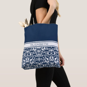 Chic Navy Blue and White Damask Personalised Tote Bag